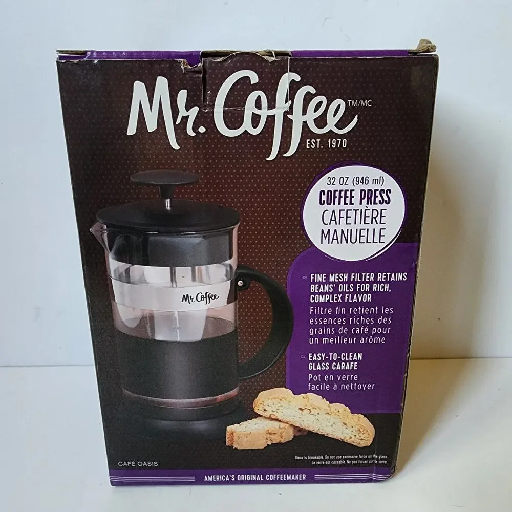 Mr Coffee French Press 32 oz 946 ml Black Glass Stainless Steel Scoop Open Box